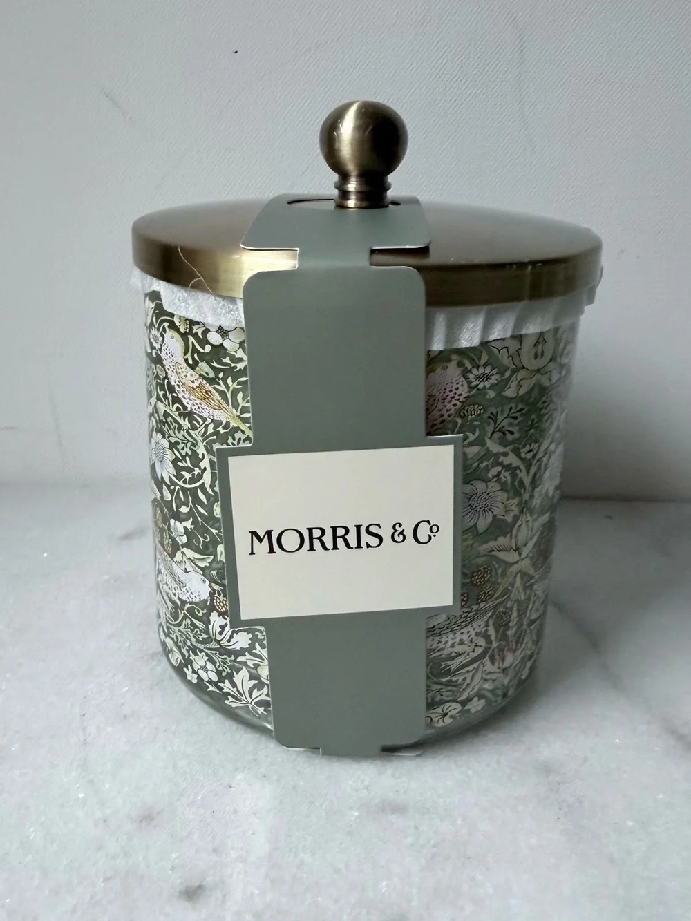 Morris & Co. Decorative canister- Sage Green & Gold strawberry thief’s pattern